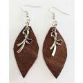 Earrings, Brown Leather + Nickel Findings And Ear Hooks, 76mm, Handmade Leather Product, Unique, 2pc