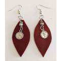 Earrings, Red Leather + Nickel Findings And Ear Hooks, 74mm, Handmade Leather Product, Unique, 2pc