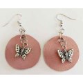 Earrings, Pink + Nickel Findings And Ear Hooks, 60mm, Handmade Leather Product, Unique, 2pc