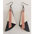 Earrings, Pink, White & Grey Leather + Black Nickel Ear Hooks, Handmade Leather Product, Unique, 2pc