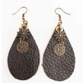 Earrings, Brown Leather + Bronze Findings And Ear Hooks, 78mm, Handmade Leather Product, Unique, 2pc