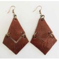 Earrings, Brown Leather + Bronze Ear Hooks, 83mm, Handmade Leather Product, Unique, 2pc
