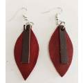 Earrings, Red With Brown Leather + Nickel Ear Hooks, 75mm, Handmade Leather Product, Unique, 2pc