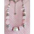 Simone Necklace, Pink Rose Quartz + Clear Crystal Beads, Pink + White, Lobster Clasp, 44cm + 5cm