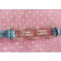 Riza Bracelet, Blue Leather With Rhinestoned Centrepiece, Lobster Clasp, 19.5cm + 5cm, 1pc