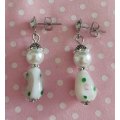 Perrine Earrings, White Glass Pearls + White Teardrop Beads, Nickel Ear Studs, 38mm, 2pc