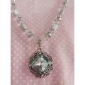 Riza Necklace, White + Clear Beads + Clear Rhinestone Pendant, Lobster Clasp, 44cm + 5cm
