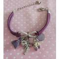 Mistique Bracelet, Purple Velvet Leather Cord + Charms, Lobster Clasp, 17cm + 5cm ext