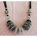 Crystal Necklace, Smoke, Silver And Clear Crystal Bead Rondals, Black Lea, Lobster Clasp, 44cm + 5cm