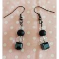 Cristia Earrings, Black And Clear Crystal Beads, Findings And Fish Hooks, 42mm, 1 Pair