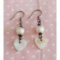Perrine Earrings, White Shell Hearts + Glass Pearls, Bronze Ear Hooks, 43mm, 2pc