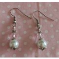 Perrine Earrings, White Glass Pearls+Pink Crystal Beads, Nickel Findings +Shepherds Hooks, 37mm, 2pc