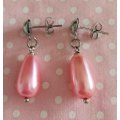 Perrine Earrings, Pink Glass Pearl Teardrops, Nickel Findings+Ear Studs, 31mm, 2pc