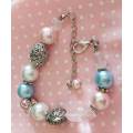 Perrine Bracelets, Blue+Pink+White Glass Pearls+Clear Q, Nickel Findings, Lobster Clasp, 18.5cm+5cm