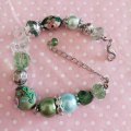 Perrine Bracelets, Green Glass Pearls, Cloisonne+Porcelain, Nickel Findings, Lobster Clasp, 18cm+5cm