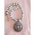 Perrine Necklace, White+Pink+Blue Glass Pearls+Pendant, Lobster Clasp, 46cm+5cm, 1pc