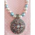 Perrine Necklace, White+Pink+Blue Glass Pearls+Pendant, Lobster Clasp, 46cm+5cm, 1pc