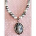 Perrine Necklace, Grey+White Glass Pearls+Cameo Style Pendant, Lobster Clasp, 44cm+5cm, 1pc