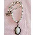 Perrine Necklace, Beige Glass Pearls With Cameo Style Pendant, Toggle Clasp, 48cm, 1pc