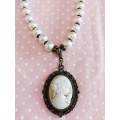 Perrine Necklace, Beige Glass Pearls With Cameo Style Pendant, Toggle Clasp, 48cm, 1pc