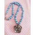 Perrine Necklace, Blue Glass Pearls+Crystal Beads, Nickel Flowe Pendant, Lobster Clasp, 50cm+5cm Ext