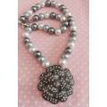 Perrine Necklace, Grey+White Glass Pearls, Nickel Finding, Rose Pendant, Lobster Clasp, 44cm+5cm Ext
