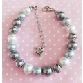 Perrine Bracelets, Grey+White Glass Pearls+Silver Coloured Crystal Beads, Lobster Clasp, 21cm+5cm