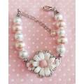 Perrine Bracelets, Pink+White Glass Pearls, Flower Centerpiece, Lobster Clasp, 19cm+5cm