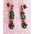 Cristia Earrings, Green Crystal Beads, Flower+Rhinestone, Copper Findings And Ear Studs, 35mm