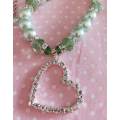 Perrine Necklace, Green Glass Pearls+Crystal Beads...,Heart Pendant, Lobster Clasp, 44cm+5cm Ext
