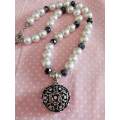 Perrine Necklace, White Glass Pearls+Black Crystal Beads+Pendant+Clear Rhineston, Toggle Clasp, 48cm