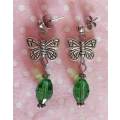 Cristia Earrings, Green Crystal Beads+Nickel Butterfly And Ear Studs, 38mm