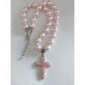 Perrine Necklace, Pink Glass Pearls+Cross Pendant+Pink Rhin+Nickel Findings, Lobster Clasp, 46cm+5cm