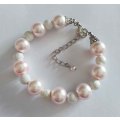 Perrine Bracelets, Pink Glass Pearls+Silver Glitter Beads, Lobster Clasp, 19.5cm+5cm