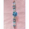 Perrine Bracelets, White Glass Pearls+Blue Crystal Beads, Rose Center Piece, Lobster Clasp, 20cm+5cm