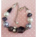 Perrine Bracelets, White+Purple Glass Pearls+Purple Amethyst+Crystal Bead, Lobster Clasp, 18.5cm+5cm