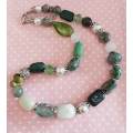 Simone Necklace, Green Semi-Precious+Green Crystal+Foi Beads+W Glass Pearls, Lobster Clasp, 46cm+5cm