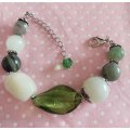 Simone Bracelet, Green Semi-Precious Beads+Foil Beads, Nickel Find Lobster Clasp, 16.5cm + 5cm