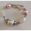 Perrine Bracelets, White Shell Pearls,Pink Glass Pearls+Pin+Nickel Findings, Lobster Clasp, 22cm+5cm