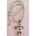 Perrine Necklace, Green Glass Pearls+Cross Pendant+Green Rhinestones, Lobster Clasp, 48cm+5cm