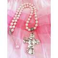 Perrine Necklace, Pink Glass Pearls+Cross Pendant+Pink Rhinestones, Lobster Clasp, 46cm+5cm