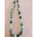 Simone Necklace, Green+White Glass Pearls,Green Glass+Lava Beads, Lobster Clasp, 46cm+5cm