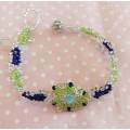 Cheri Bracelet, Seedbead Bracelet, White, Green And Blue Beads, 1pc