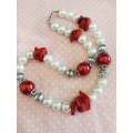 Perrine Necklace, White+Red Glass Pearls+Red Coral Chunks, Lobster Clasp 50cm+5cm