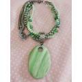 Perrine Necklace, Shades Of Green Glass Pearls+Green Crystal Beads+Rope Chain, Toggle Clasp 54cm