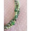 Perrine Necklace, Shades Of Green Glass Pearls+Green Crystal Beads+Rope Chain, Toggle Clasp 54cm