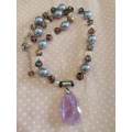 Crystal Necklace, Purpl Glass Pearls+Purple+Clear Crystal Beads, Nickel Find, Lobster Clasp, 46cm+5c
