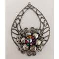 Pendant, Flower Detail With Rhinestones, Metal, Oval, Aged Nickel, 80mm x 57mm, 1pc