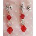 Cristia Earrings, Red+Clear AB Swarovski Crystal Beads, Nickel Findings, Ear Studs, 32mm