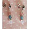 Cristia Earrings, White, Blue+Pink Swarovski Crystal Beads, Nickel Findings, Ear Studs, 28mm